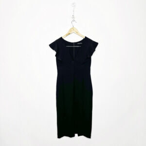Black Halo Deklyn Dress Black Ruffle V-neck Sheath textured LBD womens size 4